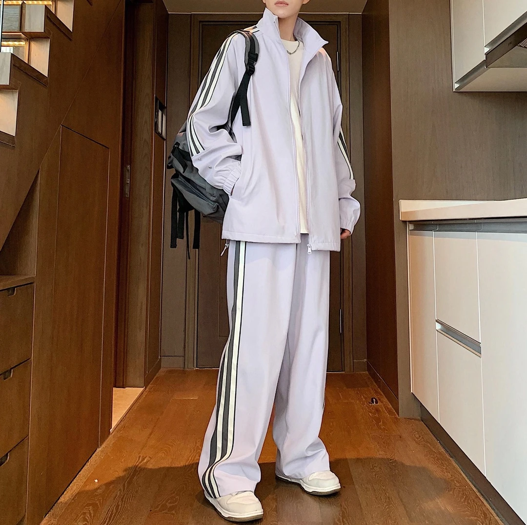 美式潮牌学院风条纹三条杠休闲套装4802