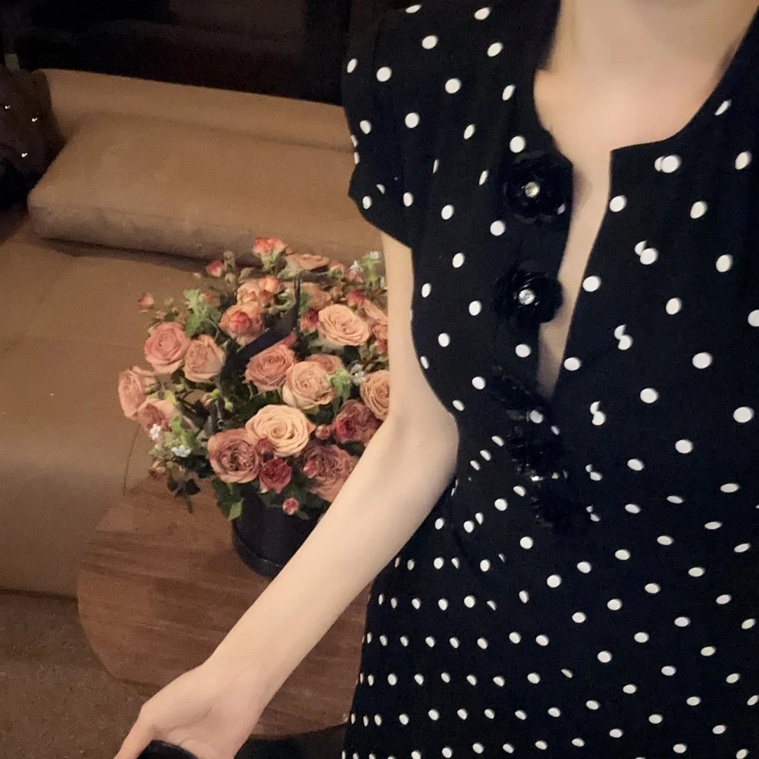 【现货】one show黑色波点中长款连衣裙夏季新款轻奢法式高级感裙子