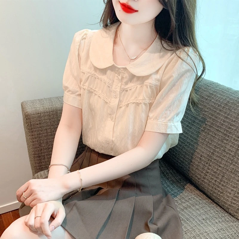 娃娃领短袖条纹衬衫女夏季时尚泡泡袖设计感小众上衣小衫【9296】