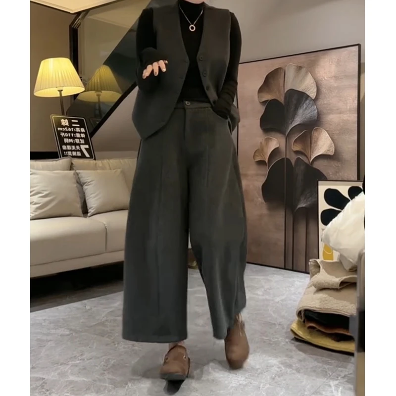 灰色休闲套装女2025秋季新款爆款轻熟风毛呢马甲阔腿裤九分裤时尚