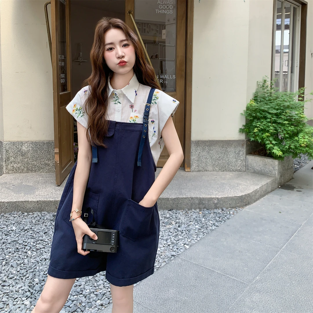 小个子甜酷风俏皮减龄刺绣衬衫套装女2025夏季新款背带短裤两件套