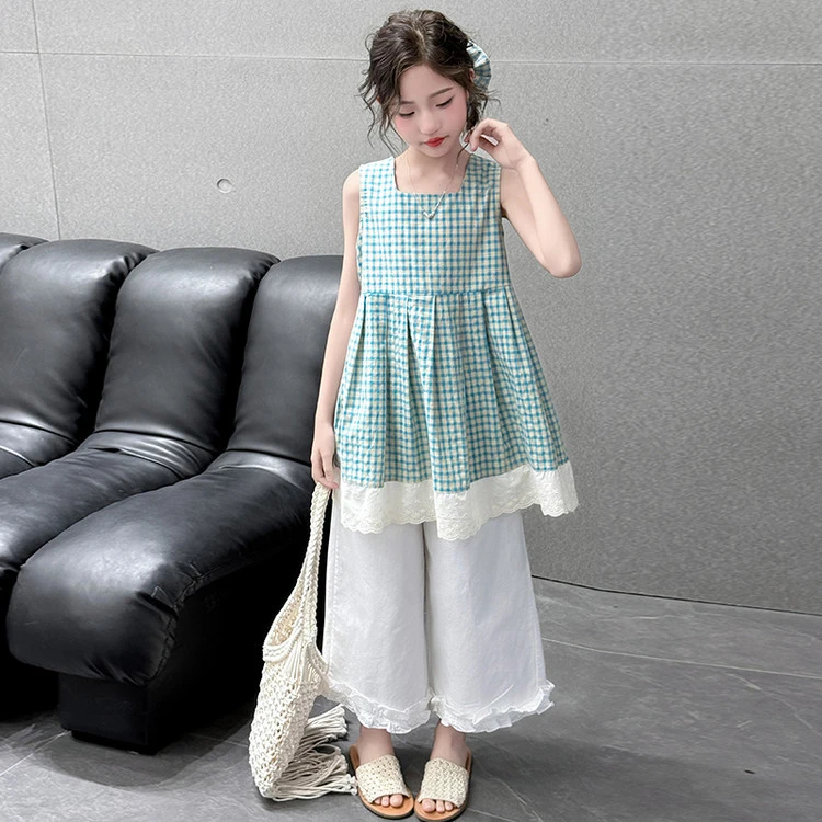 [麦哆哆」女童中大童夏季韩系花边百搭格子裙时髦叠穿直筒裤套装潮