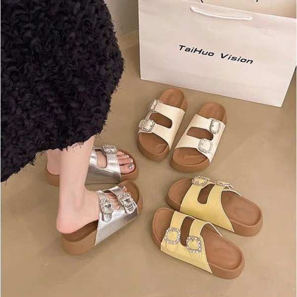 韩系时尚百搭水钻二字带松糕厚底休闲拖鞋7756