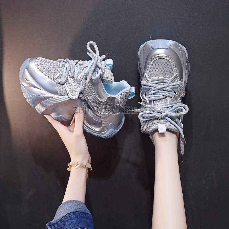 网红时尚水钻老爹鞋女厚底2025秋季新款百搭网面透气休闲运动鞋子