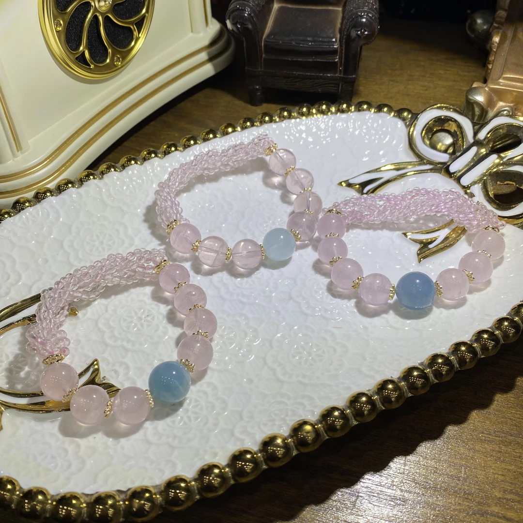 V503-高品质粉水晶手串搭配海蓝宝设计款-多样性发其一