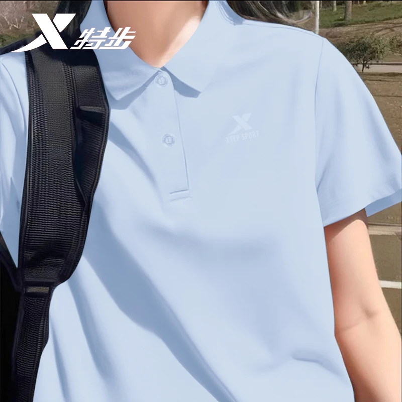 特步POLO衫女夏季翻领正肩半袖速干T恤休闲针织上衣凉感冰丝短袖