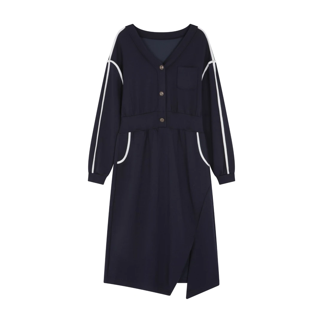 沫晗依美中长款灰色裙子2025年秋时尚百搭连衣裙女8075