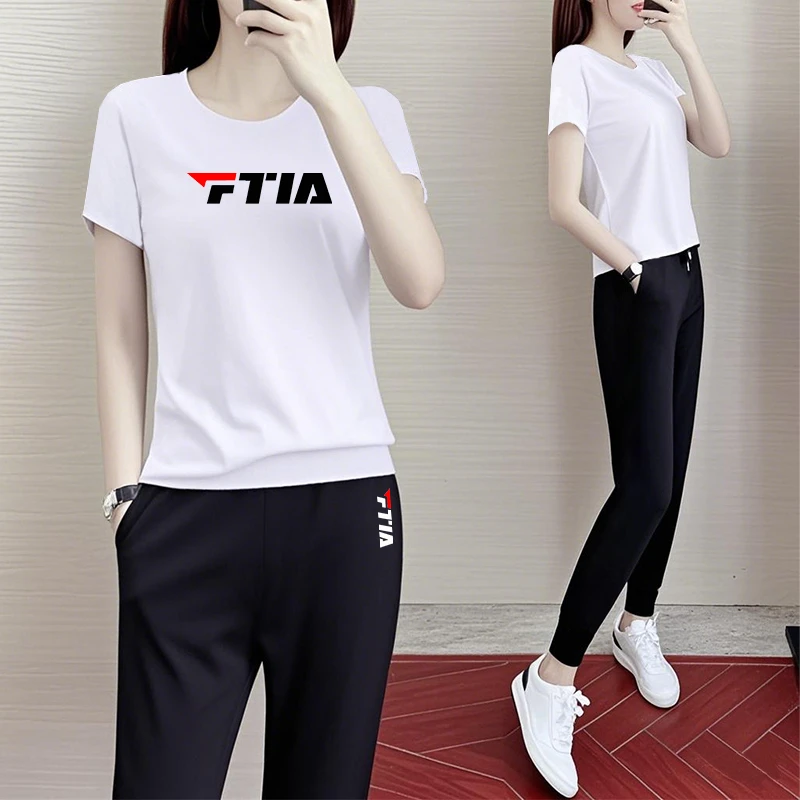 官方正品菲乐羽夏季薄款短袖长裤休闲套装女纯棉时尚运动服两件套