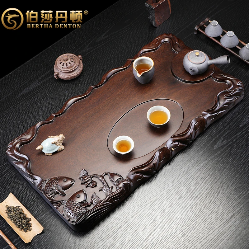 BERTHA DENTON/伯莎丹顿精雕功夫茶具整块黑檀木茶盘实木原木家用