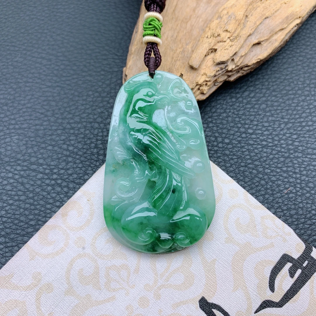 359~天然翡翠A货冰透精雕绿色凤凰吊坠气质高贵精美浴火重生挂件