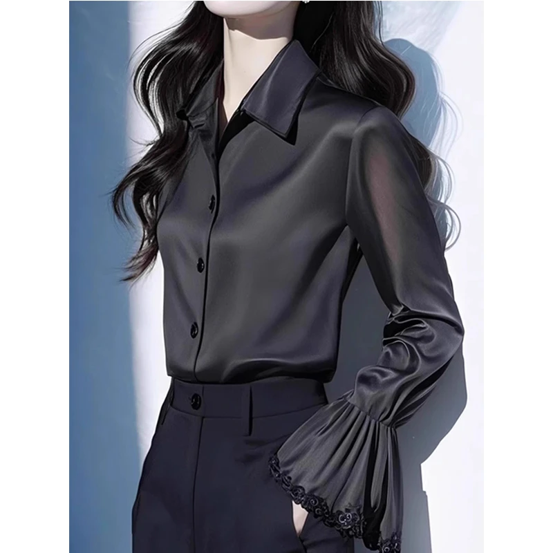 今年流行黑色喇叭袖翻领衬衫女2025早春新款时尚气质漂亮法式衬衣