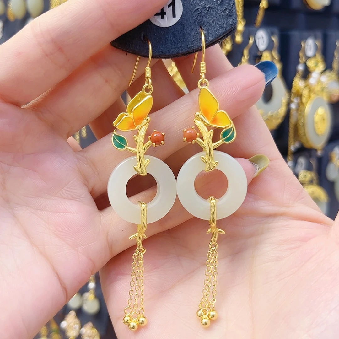 和田玉银S925镀金镶嵌耳饰