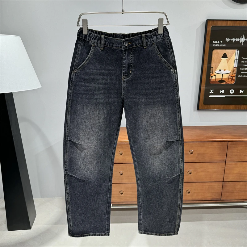 潮流复古水洗捏褶牛仔裤男四季款百搭弯刀长裤高街痞帅宽松休闲裤