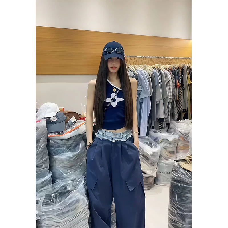 酷飒辣妹炸街显瘦修身小众设计感减龄斜肩上衣高腰休闲工装裤套装