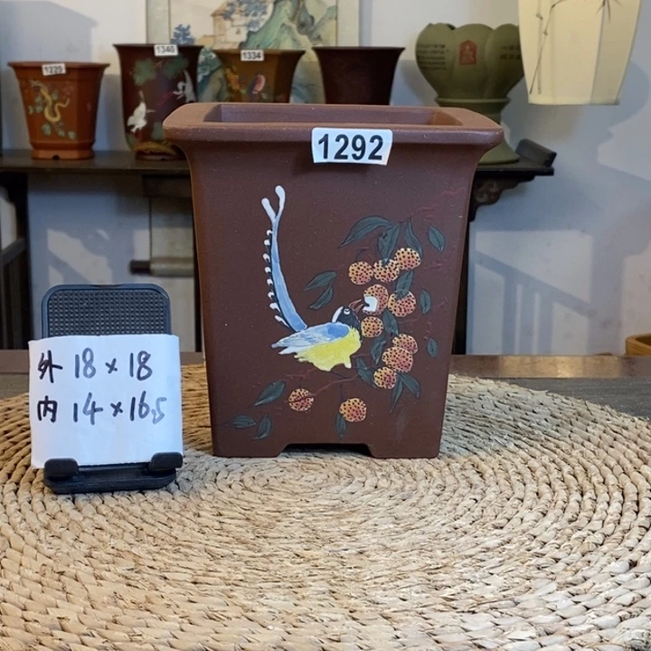 花盆紫砂  紫泥荔枝手绘四方1292