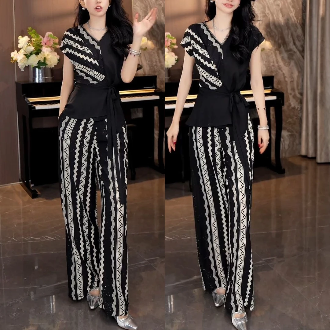 高级感气质套装女夏季新款时尚复古系带显瘦上衣阔腿裤休闲两件套