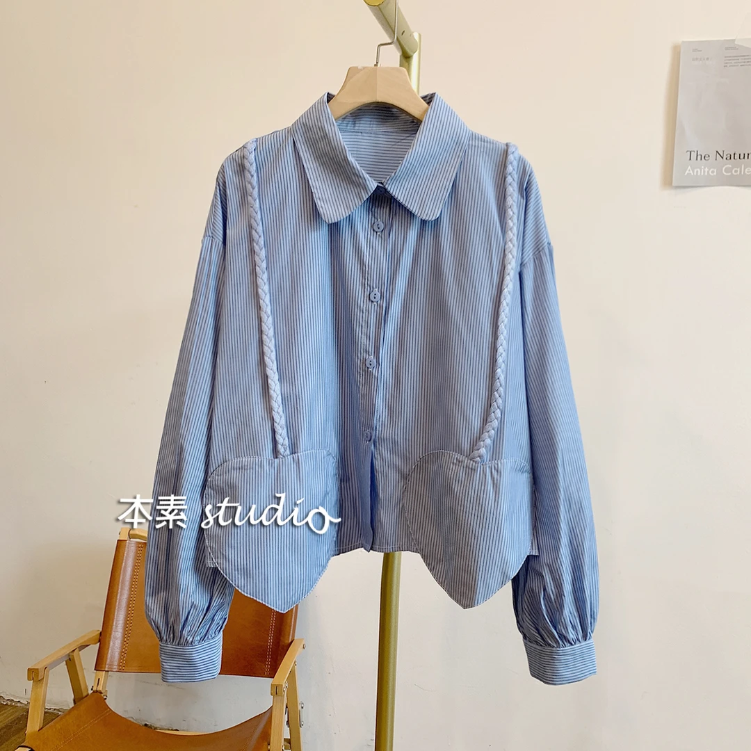 爱心麻花C3515条纹爱心麻花辫全开扣翻领衬衫