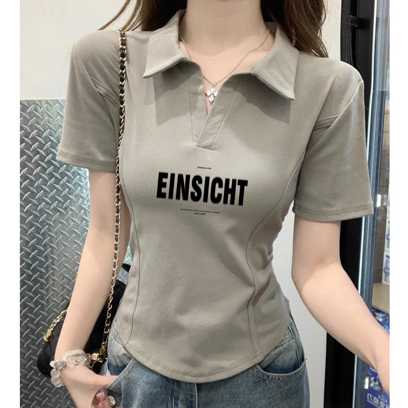 韩版修身正肩polo领打底短袖T恤女鱼骨设计感小个子翻领洋气上衣