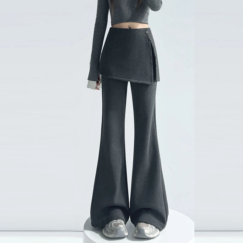 加绒灰色假两件屁帘微喇裤女冬秋冬高腰显瘦休闲拖地喇叭裤子