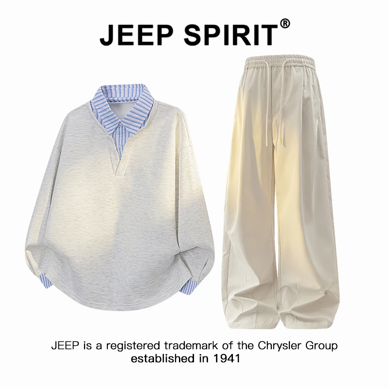 Jeep吉普假两件长袖Polo衫套装男士春秋痞帅大码直筒休闲裤两件套