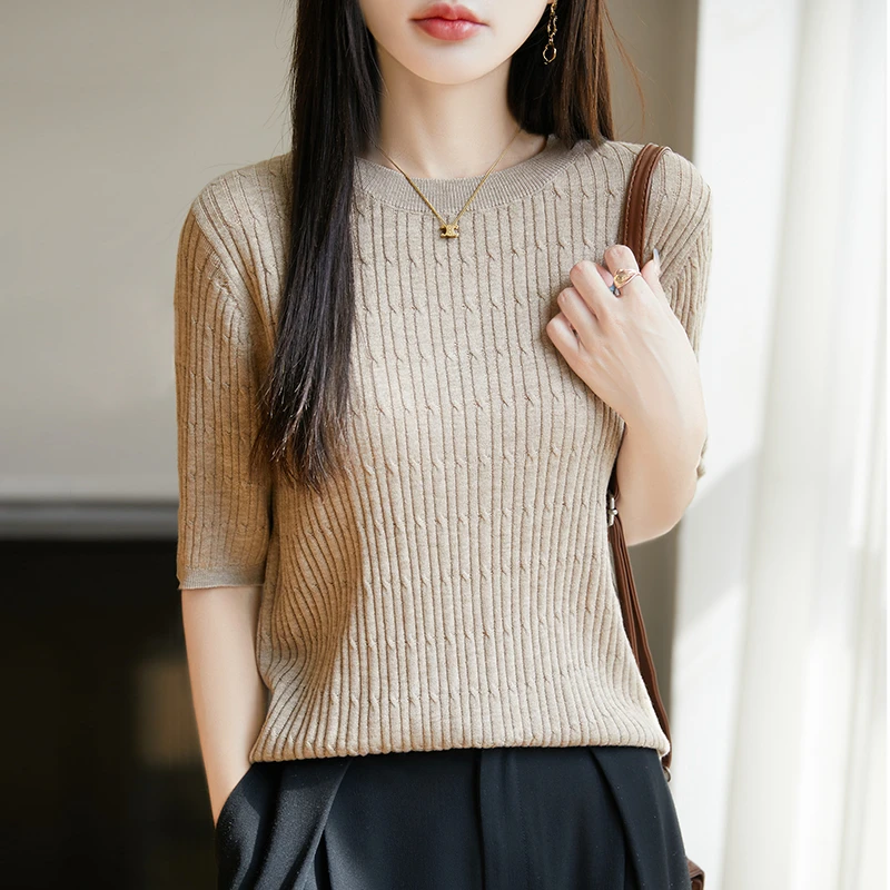 圆领麻花半袖针织衫显瘦气质百搭纯色套头5012