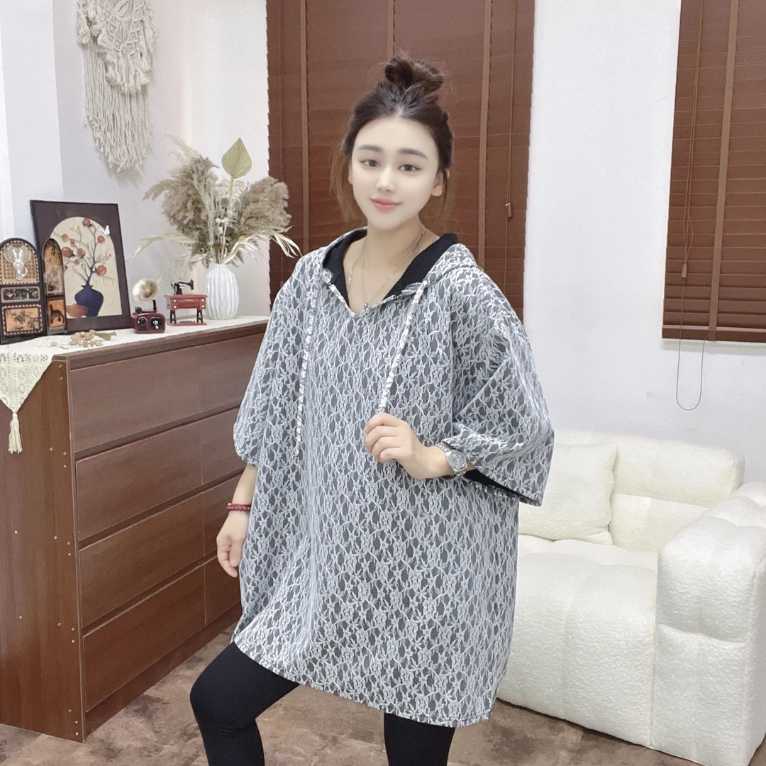 LU/鹿儿Y0985时尚大版宽松百搭复合蕾丝简约洋气休闲短袖连帽上衣