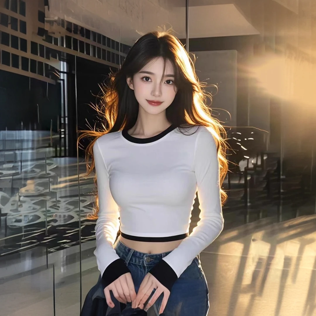 纯欲风小个子辣妹短款上衣女秋冬正肩t恤紧身显瘦打底衫性感内搭