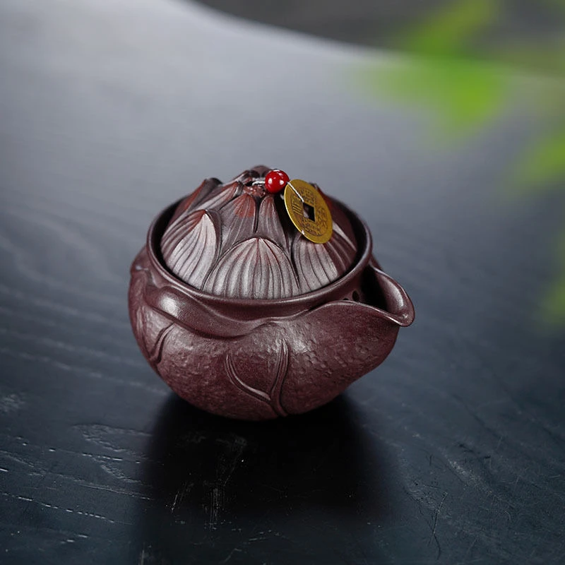 宜兴紫砂泥手工荷花手抓壶180cc容量高档品茗茶具紫砂壶