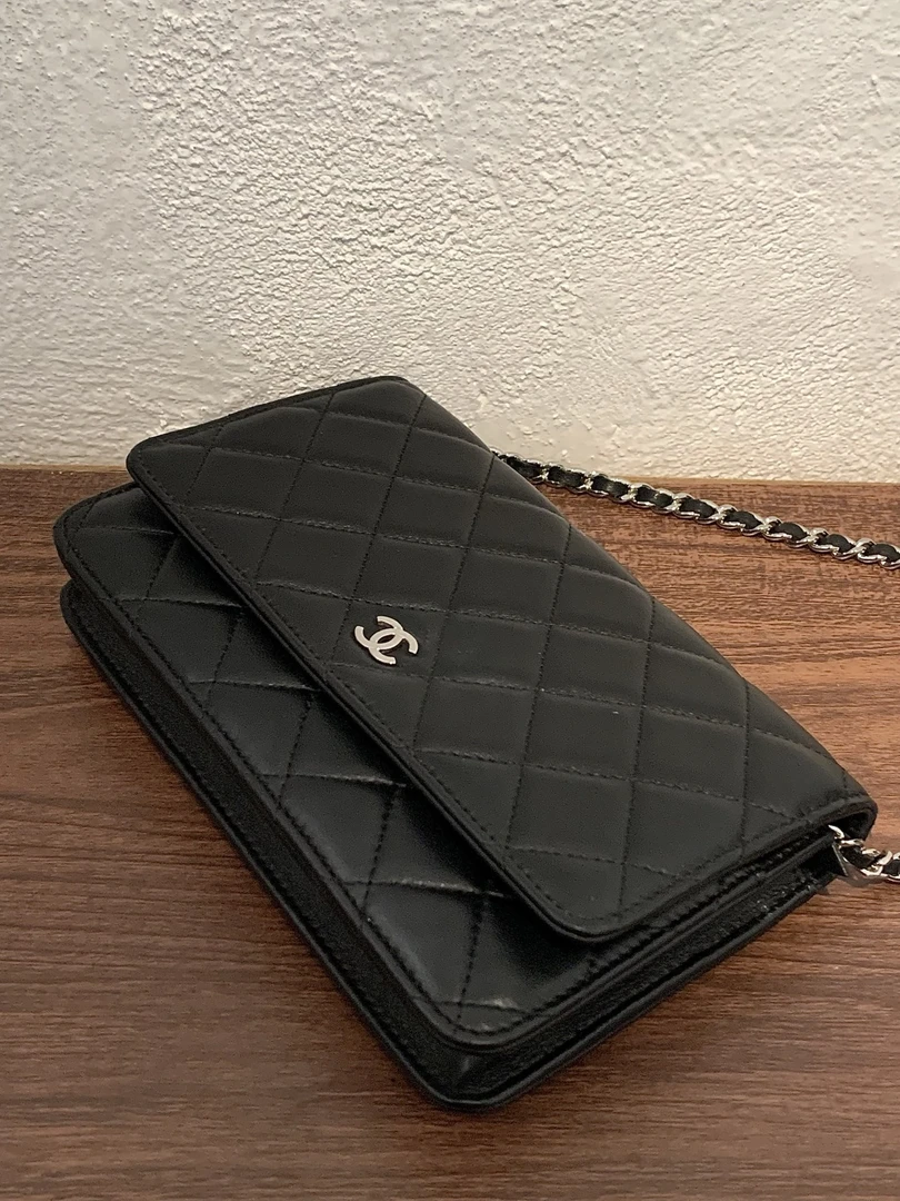 99新 Chanel/香奈儿 黑银菱格纹羊皮woc链条包 二店/14342202