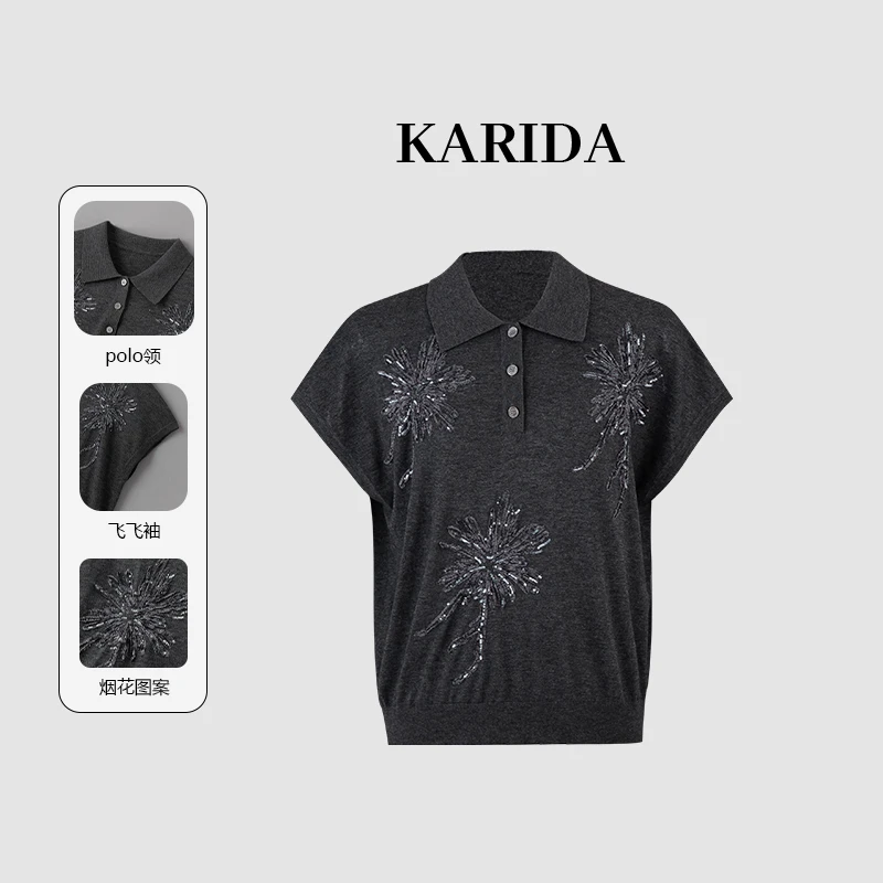 KARIDA【烟火】25夏新品时尚桑蚕丝羊毛混纺毛线绣重工polo领针织衫