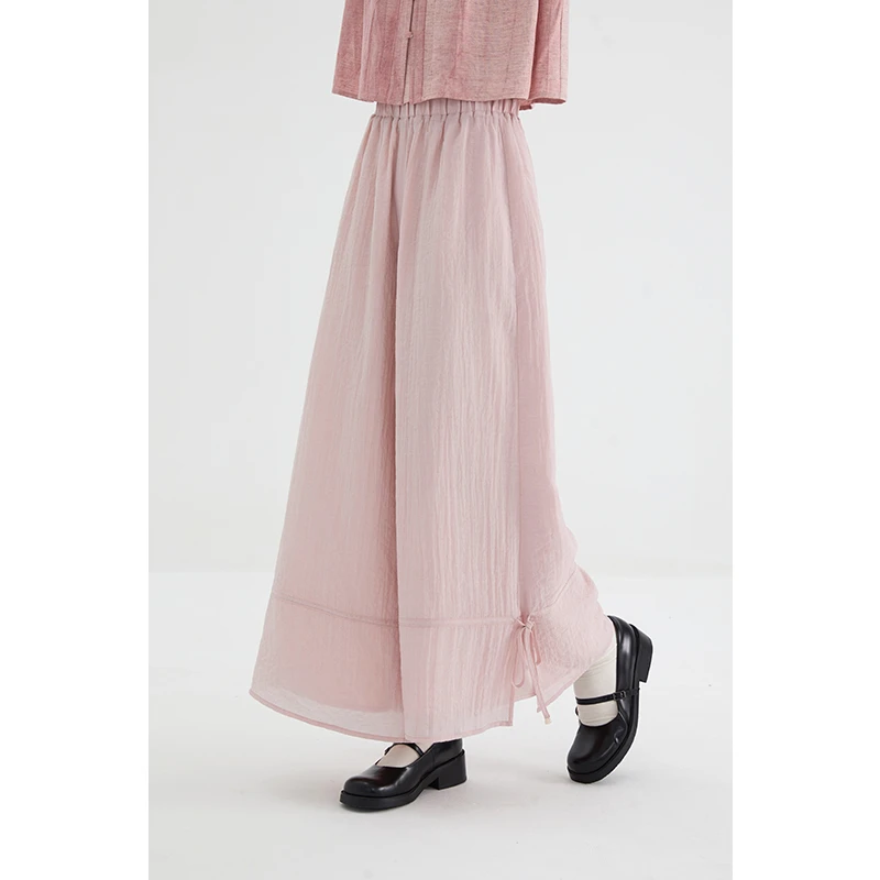 TAILOR/小葱良裁粉色蝴蝶结系带阔腿裤女春季薄款宽松垂感裙裤