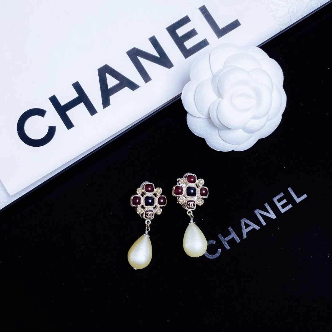 95新 Chanel/香奈儿 柚礼中古/香奈儿棕琉璃珍珠吊坠耳夹LZ501151