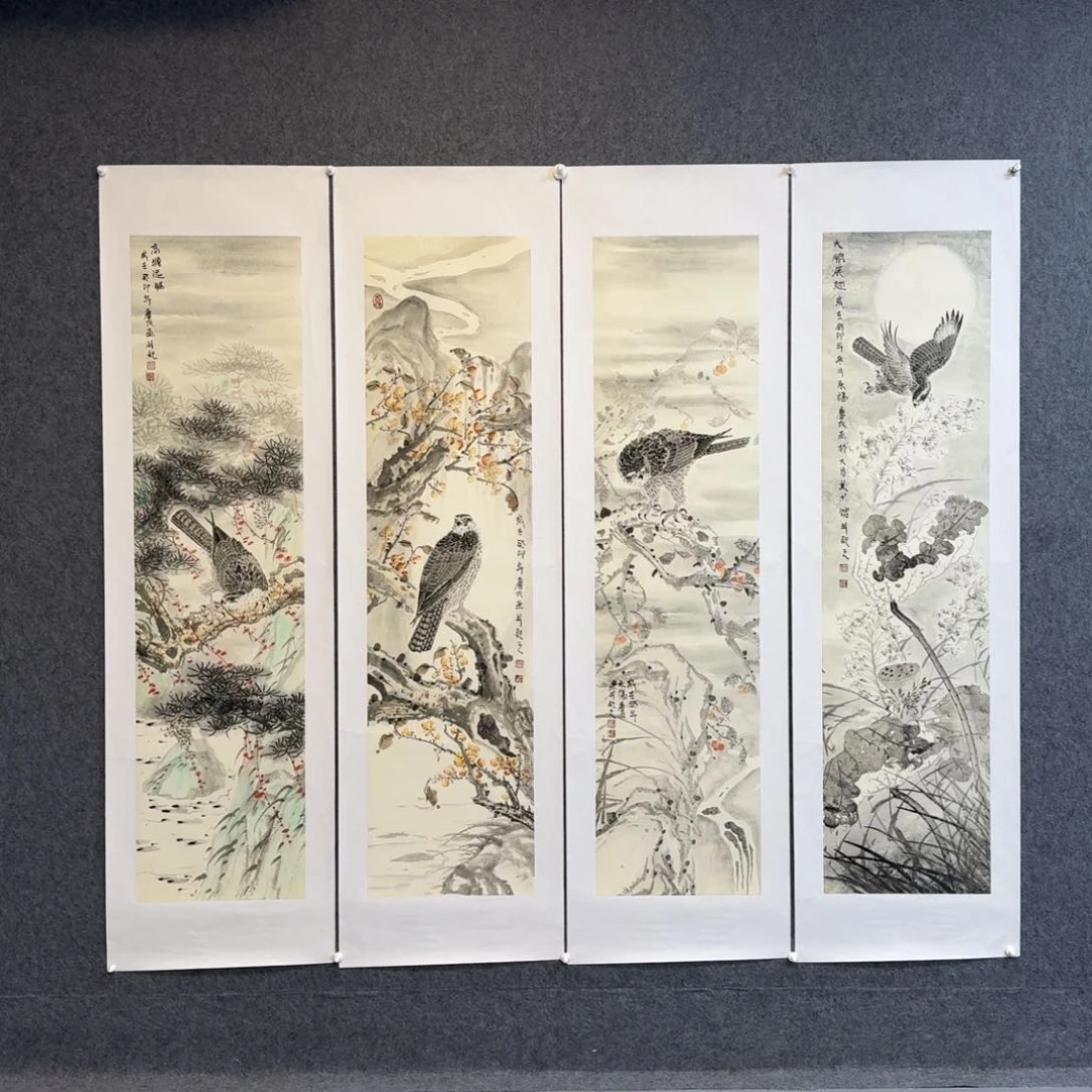 国画疫****）李庆友四条屏花鸟