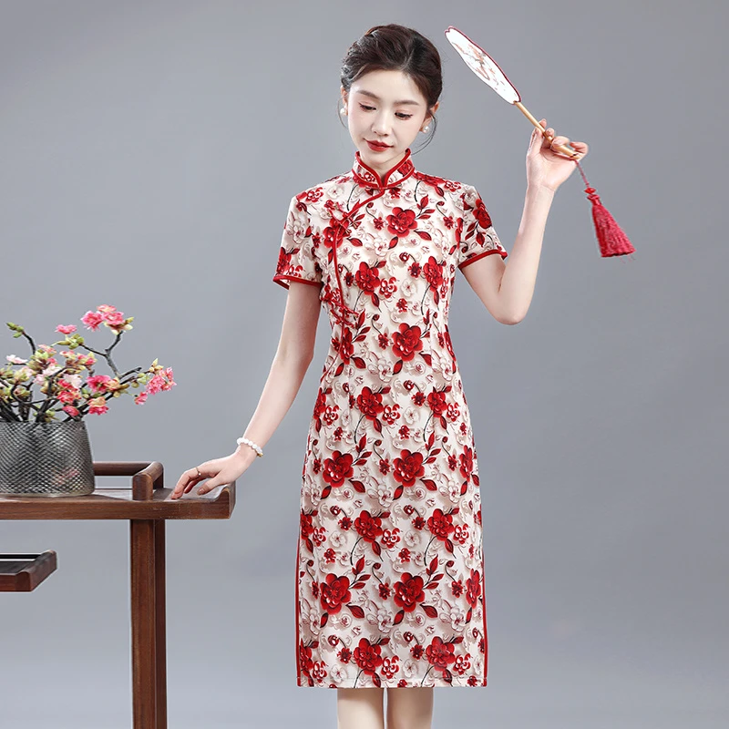 新中式短袖开叉旗袍裙夏季新款高档中老年女士正宗古风连衣裙弹力