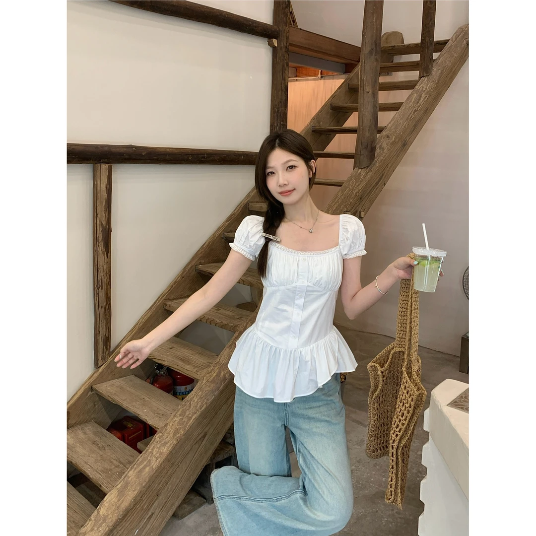 大码夏季新款法式方领设计感泡泡袖不规则修身显瘦衬衫上衣圆领