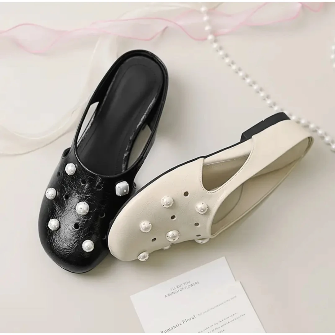 轻奢鞋子时尚透气夏季女鞋增高半拖修面牛皮圆头打孔穆勒鞋日常