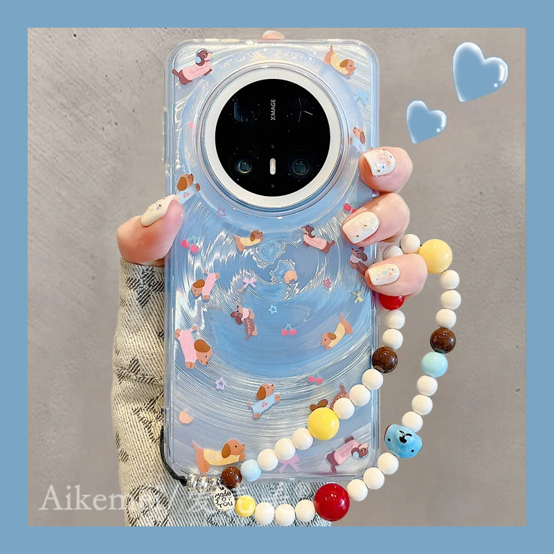 适用华为mate70pro+手机壳卡通可爱mate60pro+蓝色漩涡腊肠狗链条