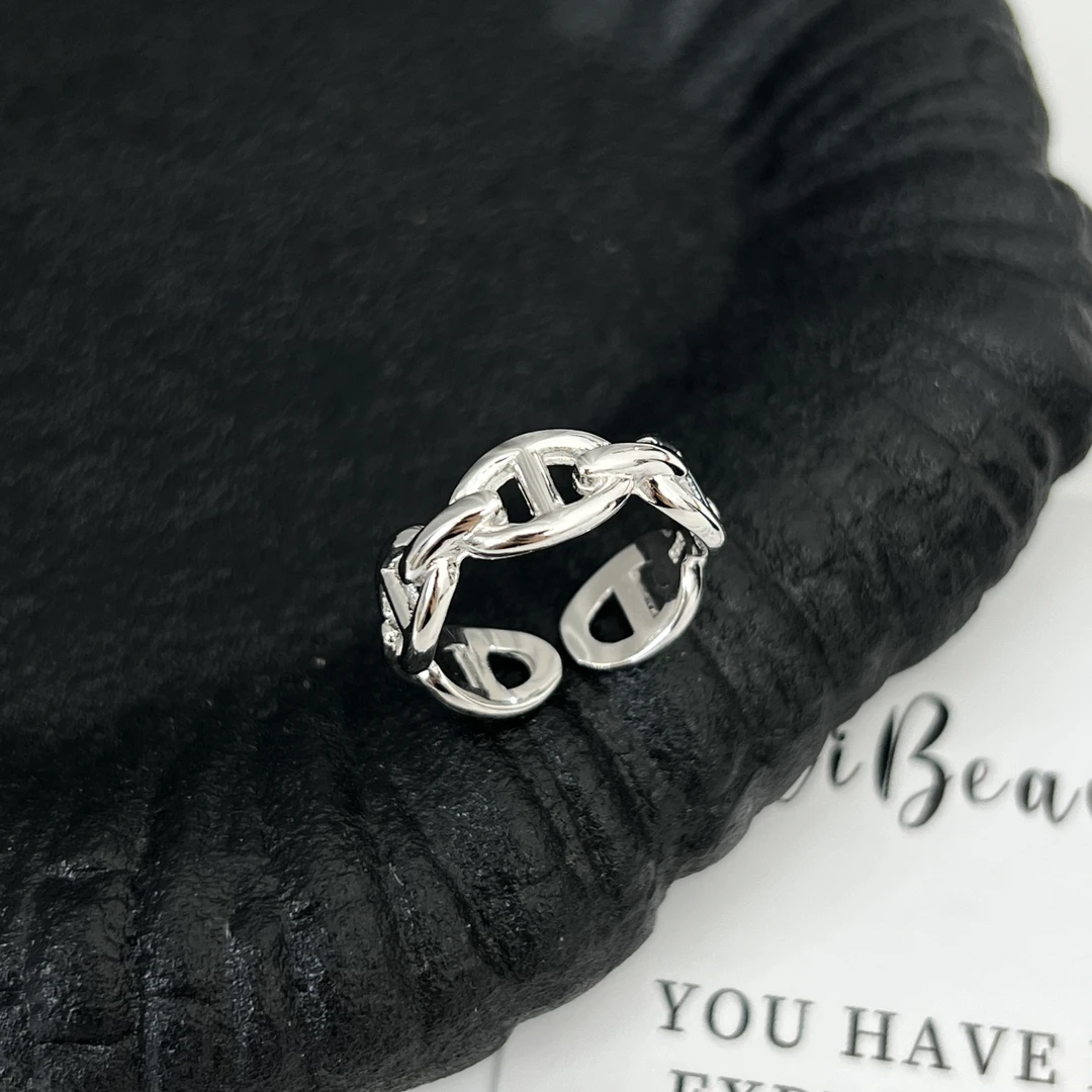 925银戒指 小众设计轻奢风简约光面猪鼻拼接银戒指