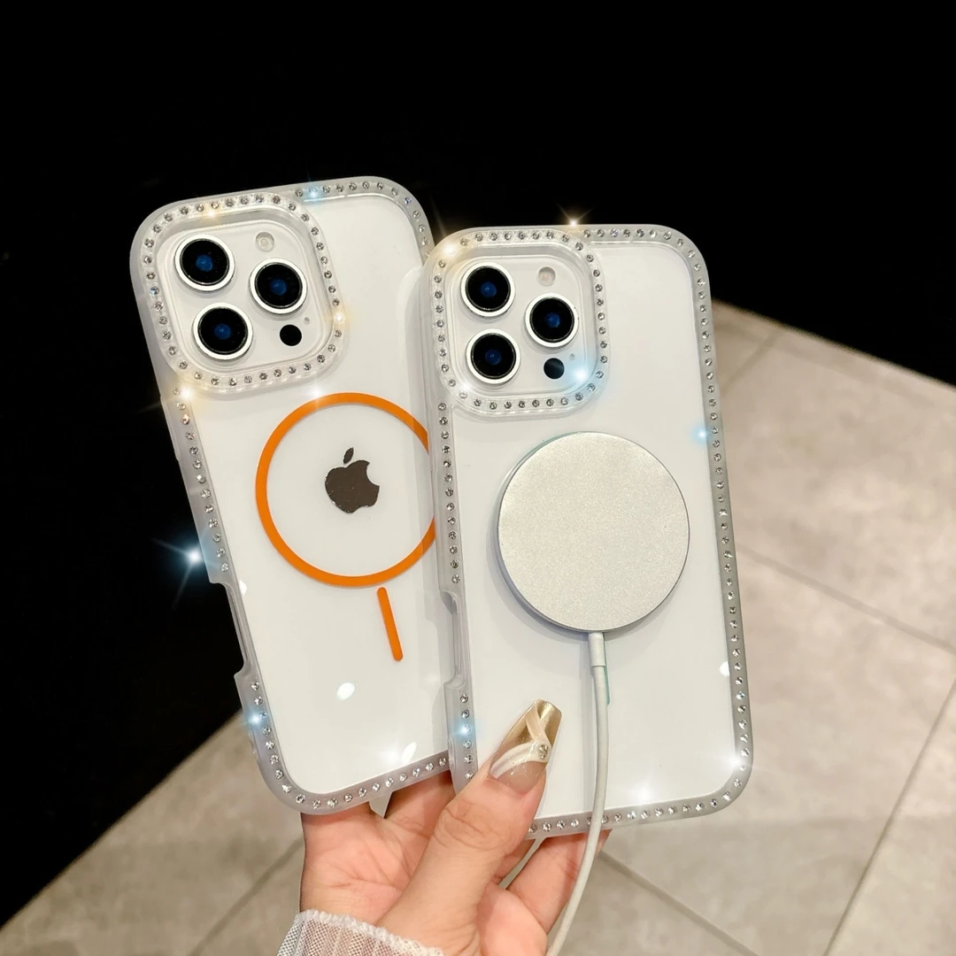 适用苹果17promax手机壳镶钻边框16pro磁吸透明简约15/14防摔个性