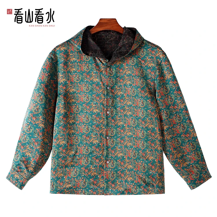 【看山看水】99659香云纱男装桑蚕丝素平缎连帽长袖开衫休闲上衣