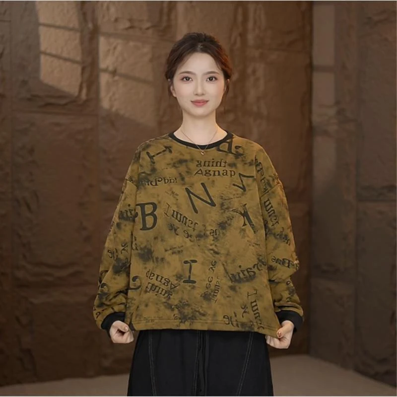 秋冬卫衣套头款印花上衣圆领满印运动长袖秋季薄款