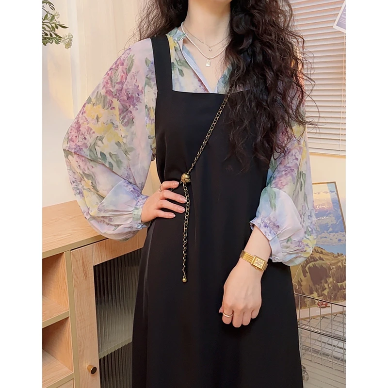 夏季繁花乔其纱防晒衬衫搭配冰丝西装背带裙套装