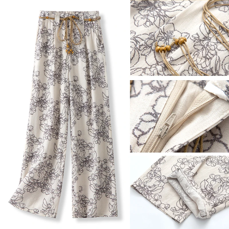 提花亚麻裤子女透气2025夏新款松紧高腰印花休闲裤垂感阔腿直筒裤