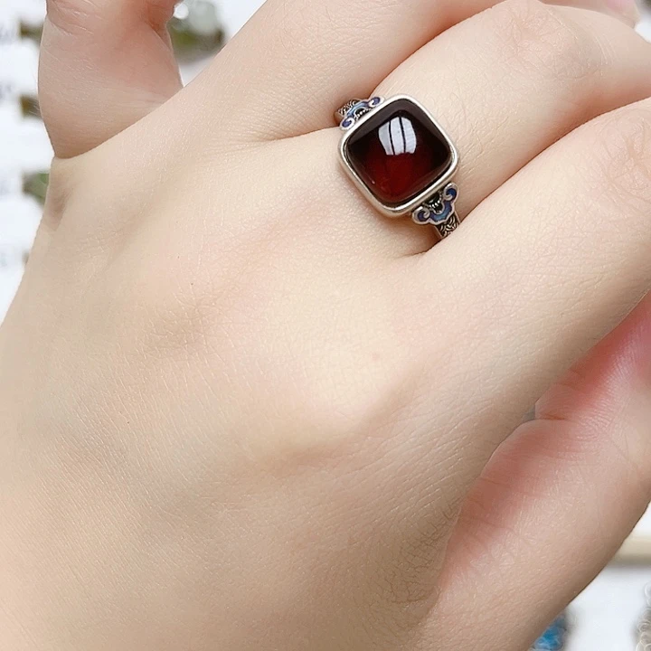 血珀银S925镶嵌戒指天然