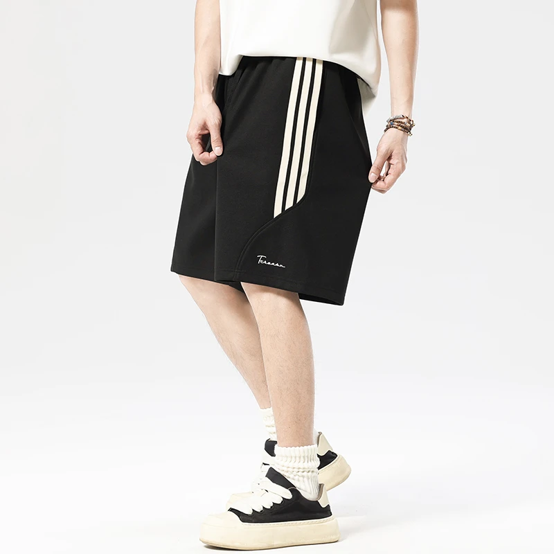 美式短裤男款夏季刺绣条纹宽松百搭运动五分裤潮牌男士休闲装裤子