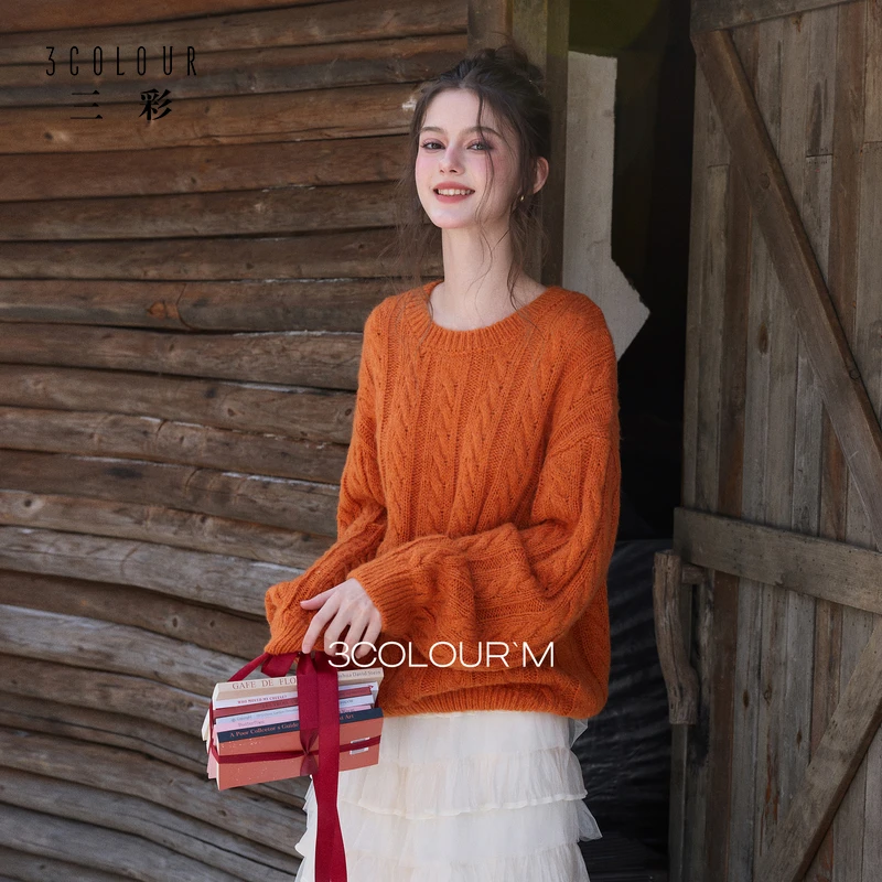 三彩2025冬季新款休闲简约绞花肌理针织衫长袖圆领套头毛衫上衣M