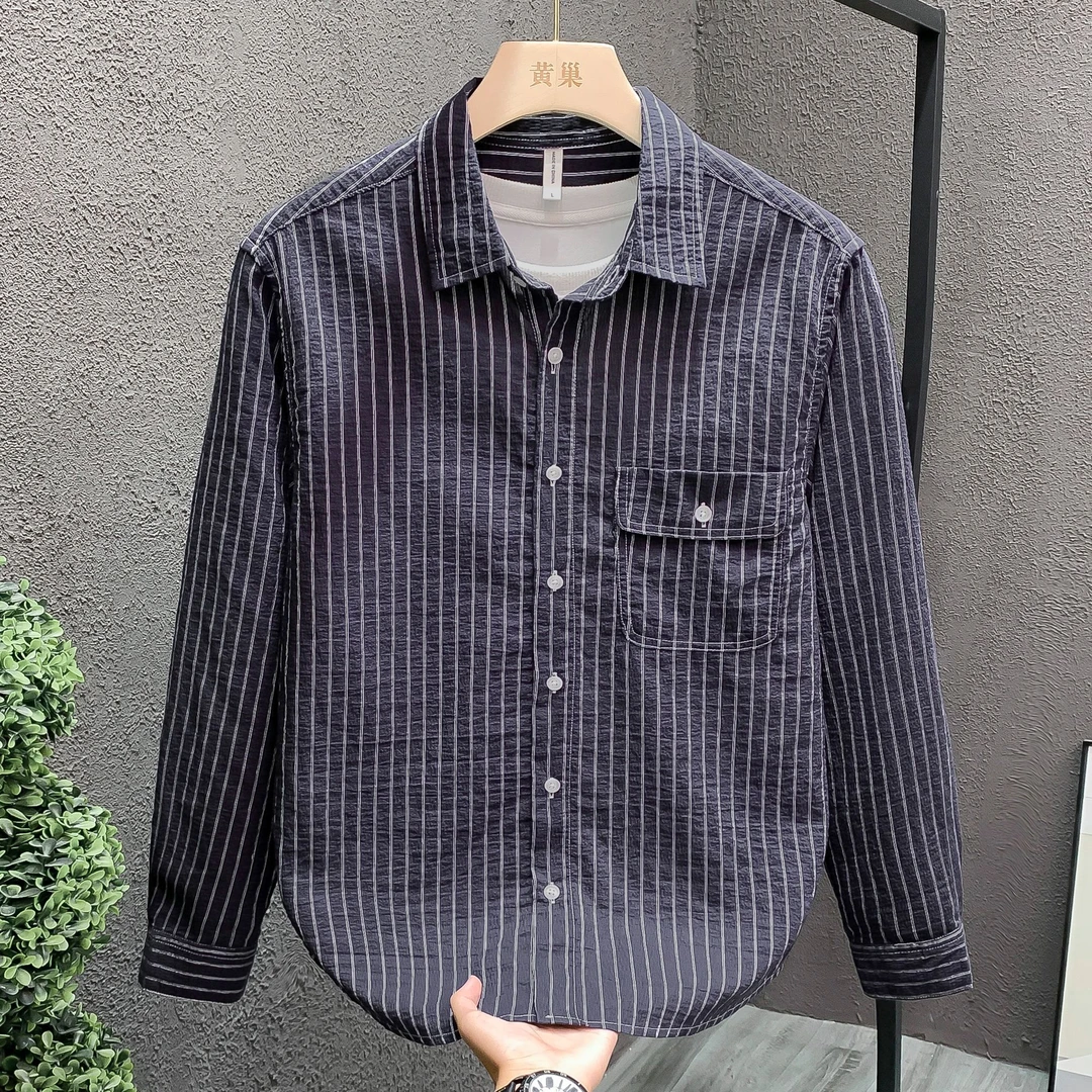 时尚复古日系条纹新款长袖衬衫时尚百搭文艺休闲宽松上衣男装外套