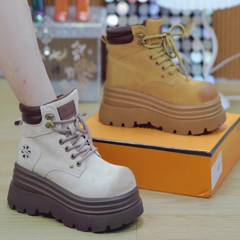 8cm小个子系带厚底马丁靴女2025秋季百搭增高休闲短靴