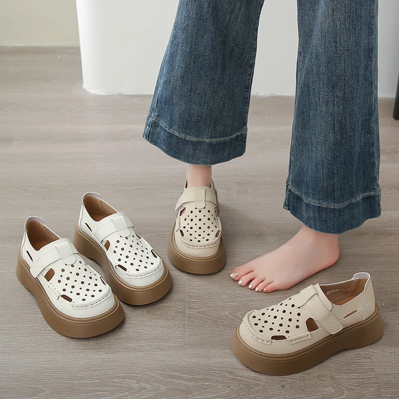 复古罗马凉鞋女2025春夏新款镂空洞洞鞋配裙子厚底乐福小皮鞋41码