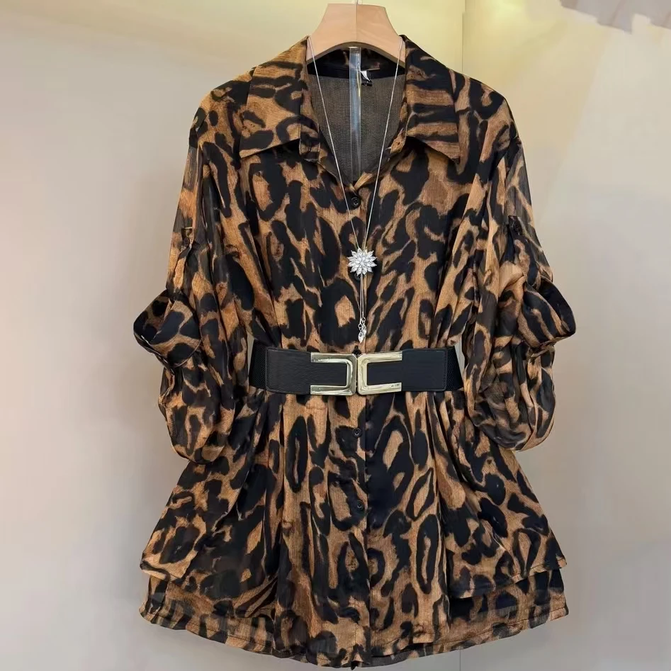 岚岚大码夏季新款法式时尚轻薄防晒腰带收腰衬衫短裤套装25031